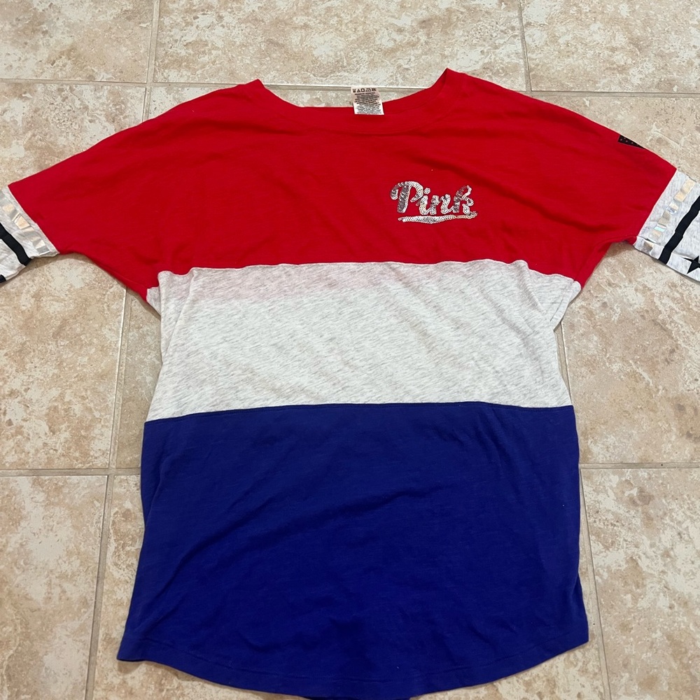 Victoria Secrete Pink ‘Merica Long Sleeve Sequins Shirt Small Red White And Blue